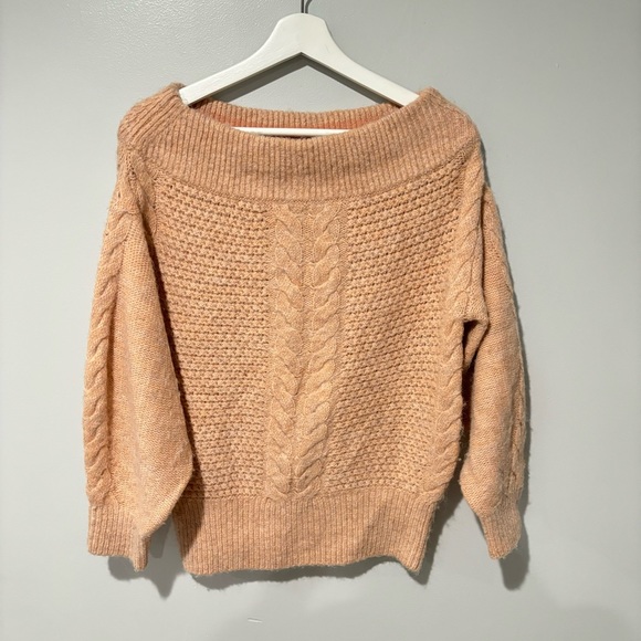 Anthropologie Sleeping on Snow Off the Shoulder Cable Knit Sweater Blush - Picture 3 of 6